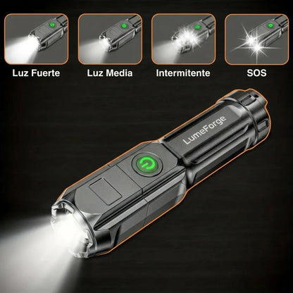 LumeForge Linterna Táctica Compacta Recargable USB Foco Ajustable Uso Profesional