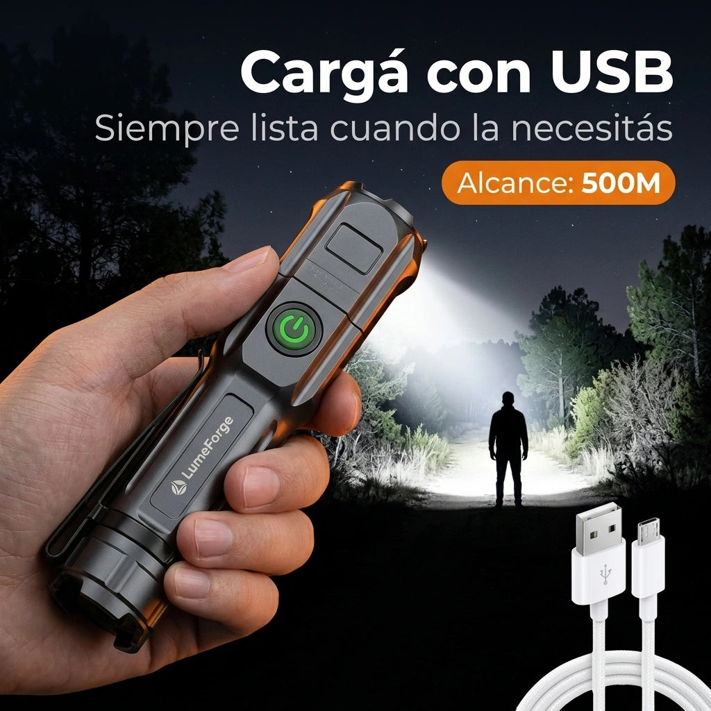 LumeForge Linterna Táctica Compacta Recargable USB Foco Ajustable Uso Profesional